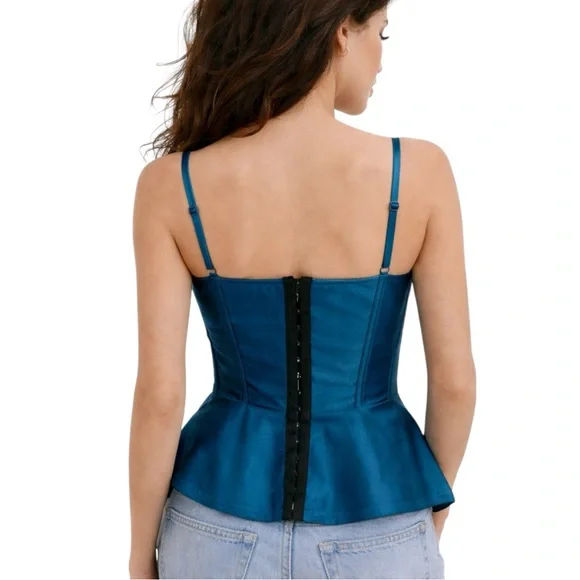 Coquette Teal Satin Lace Corset Peplum Top with Removable Bow - Picture 2 of 5